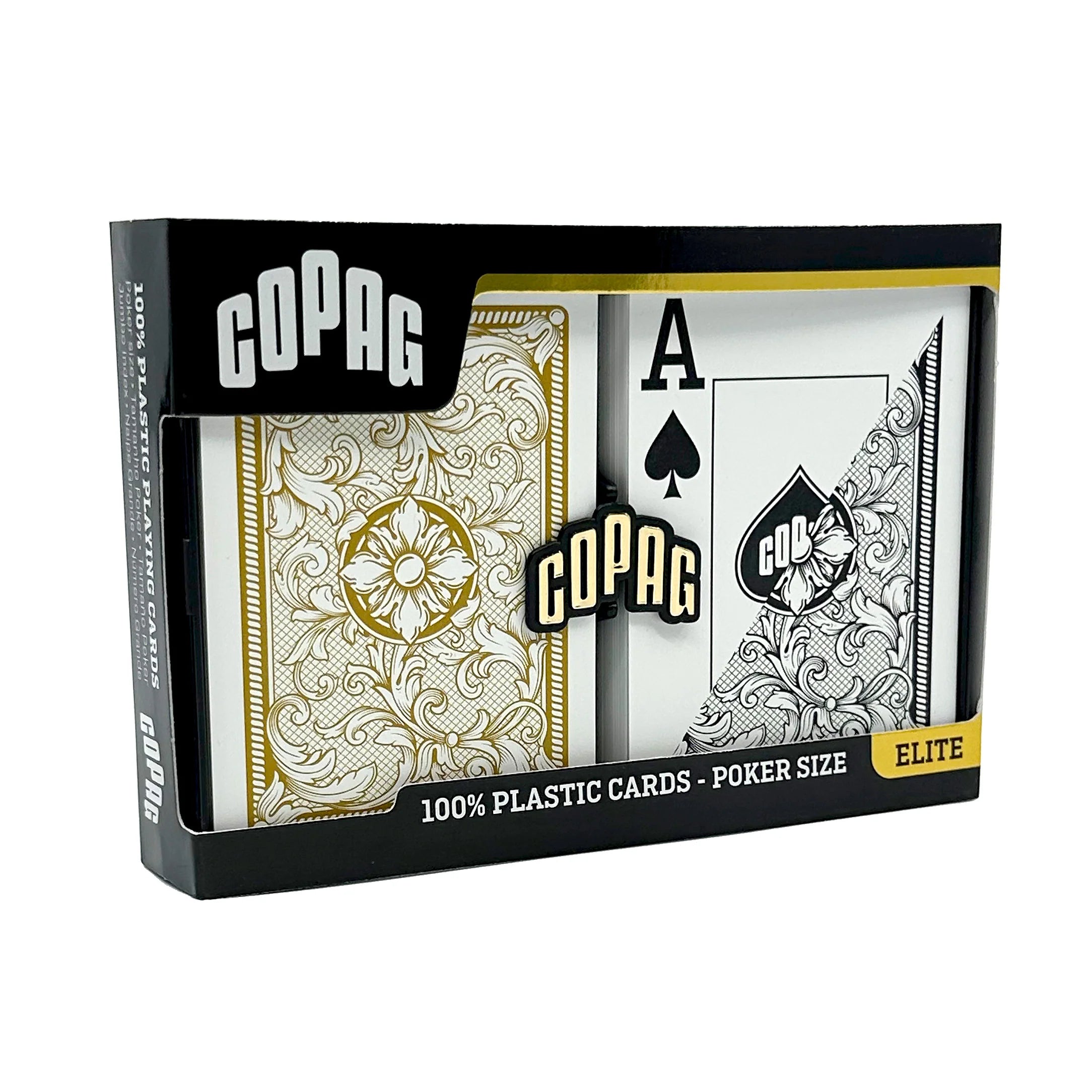 Copag Legacy Poker Size Jumbo Index (Black & Gold) playing cards packaging with cards peeking out