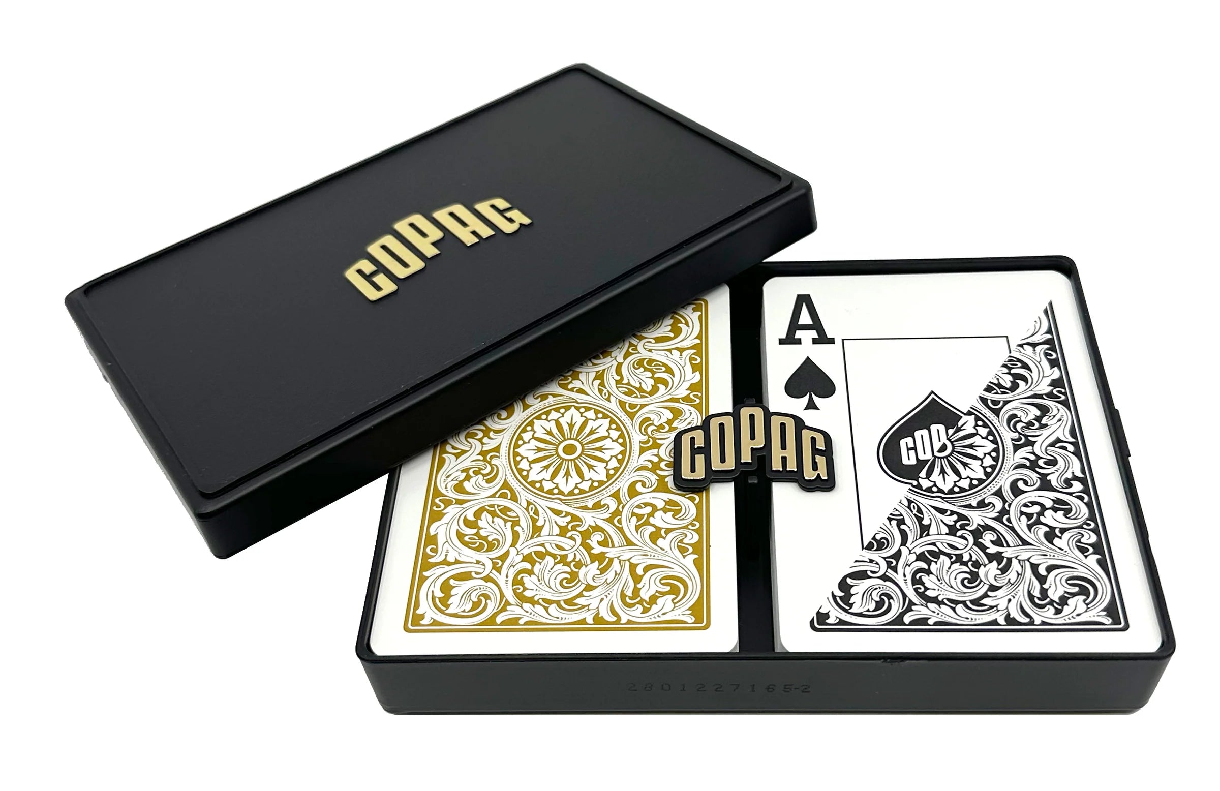 Copag 1546 Poker Size Jumbo Index (Black & Gold) playing cards with a black box on a white background