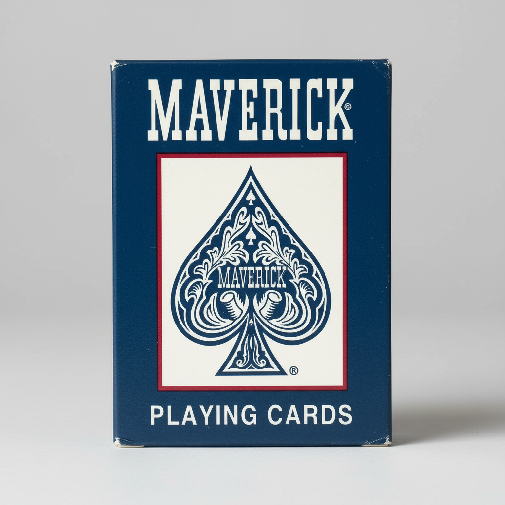 Maverick playing cards packaging with blue and white design on a white background