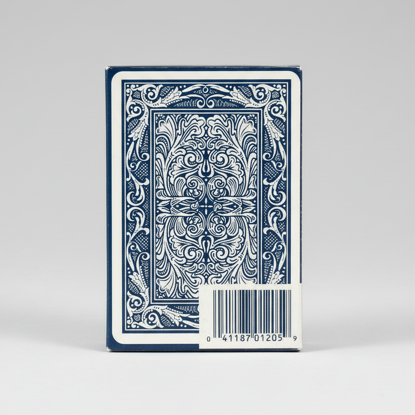 Playing card deck with decorative blue and white design on a white background