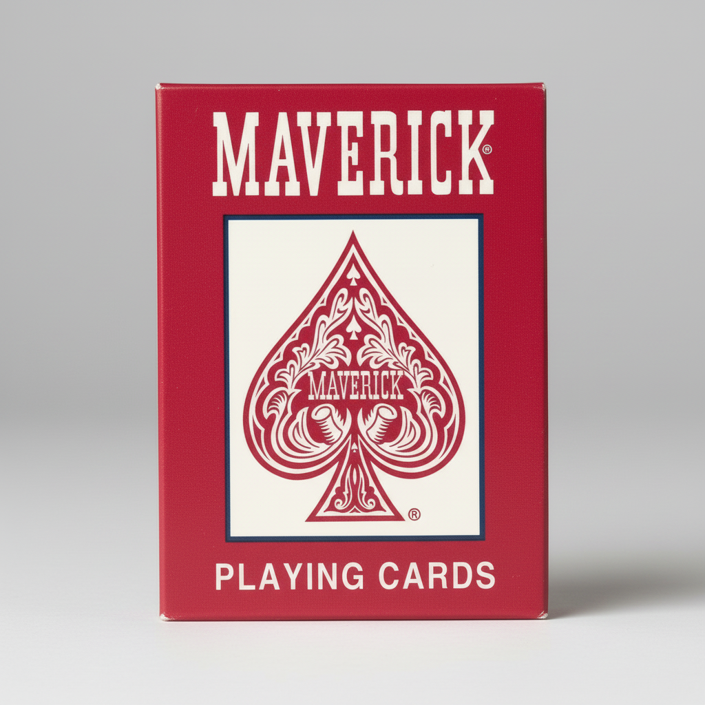 Maverick playing cards packaging with red border and ace of spades logo on a white background