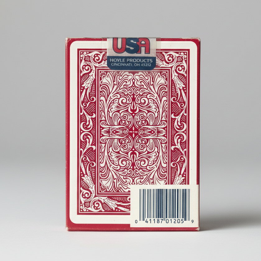 Red and white playing card box with 'USA' and 'Hoyle Products' branding on a white background