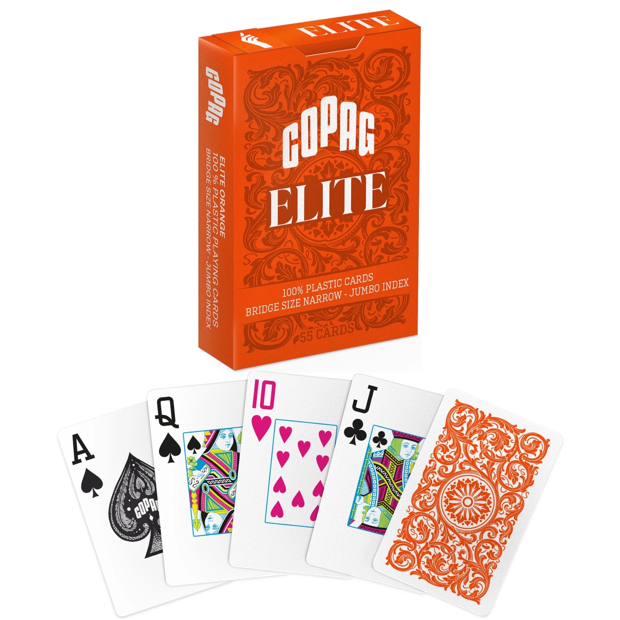 Copag Elite jumbo playing cards in bridge size with a orange box and sample cards on a white background