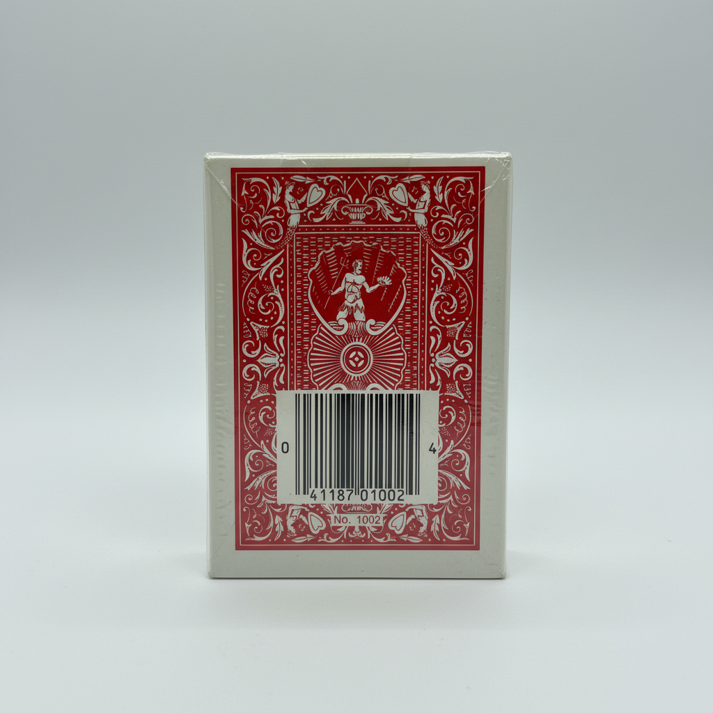 Red and white playing card packaging with a barcode on a white background
