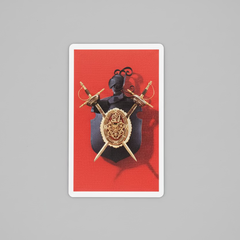 Stancraft Card with a decorative emblem featuring crossed swords and a central design on a red background.