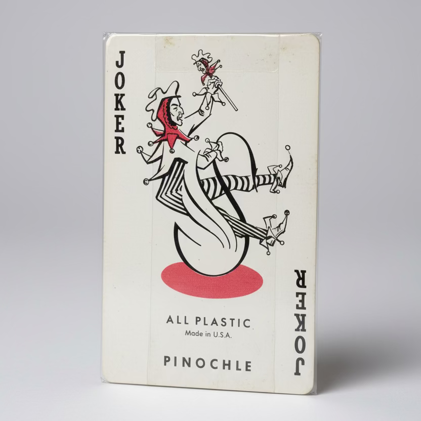 Joker card from a Stancraft Pinochle deck with 'All Plastic' text on a wooden surface