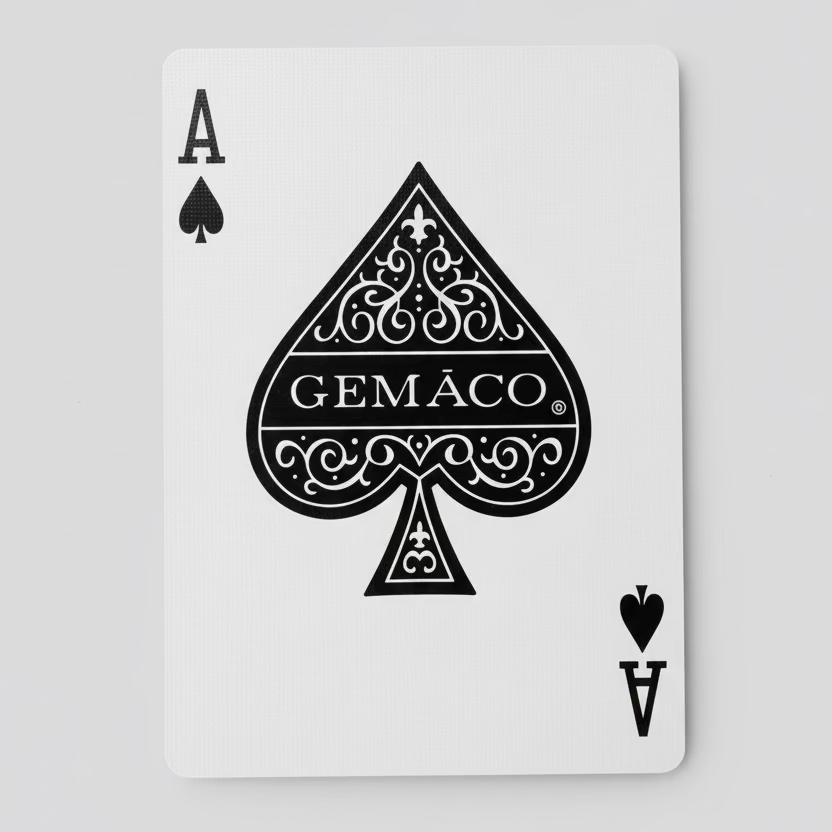 Ace of spades playing card with Gemaco logo on a wooden surface