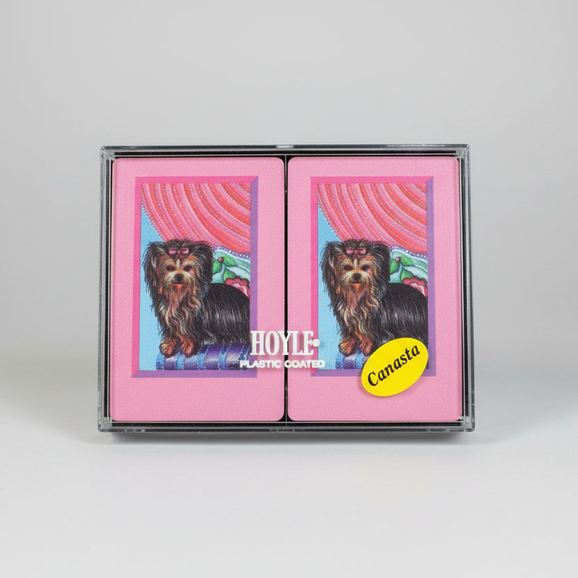 Pink card with dog illustration on Hoyle plastic coated canasta decks