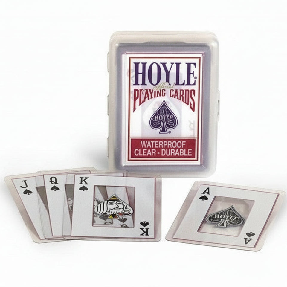 Hoyle playing cards with a clear plastic cover on a white background
