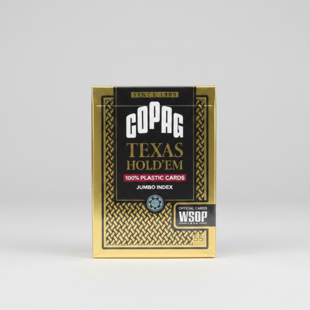 Copag Texas Hold’em black 100% plastic jumbo-index playing cards in WSOP packaging