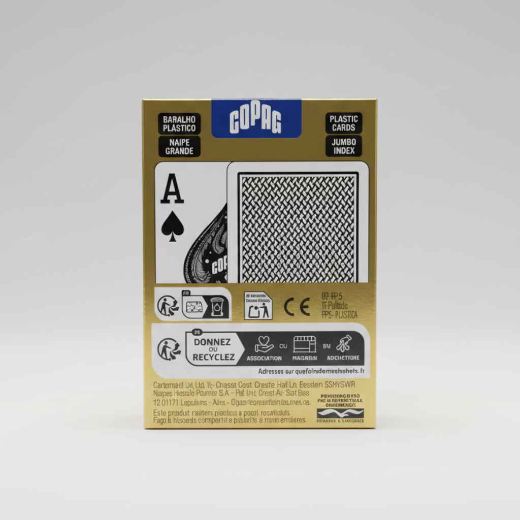 Back of Copag Texas Hold’em black plastic playing-card package with card back preview
