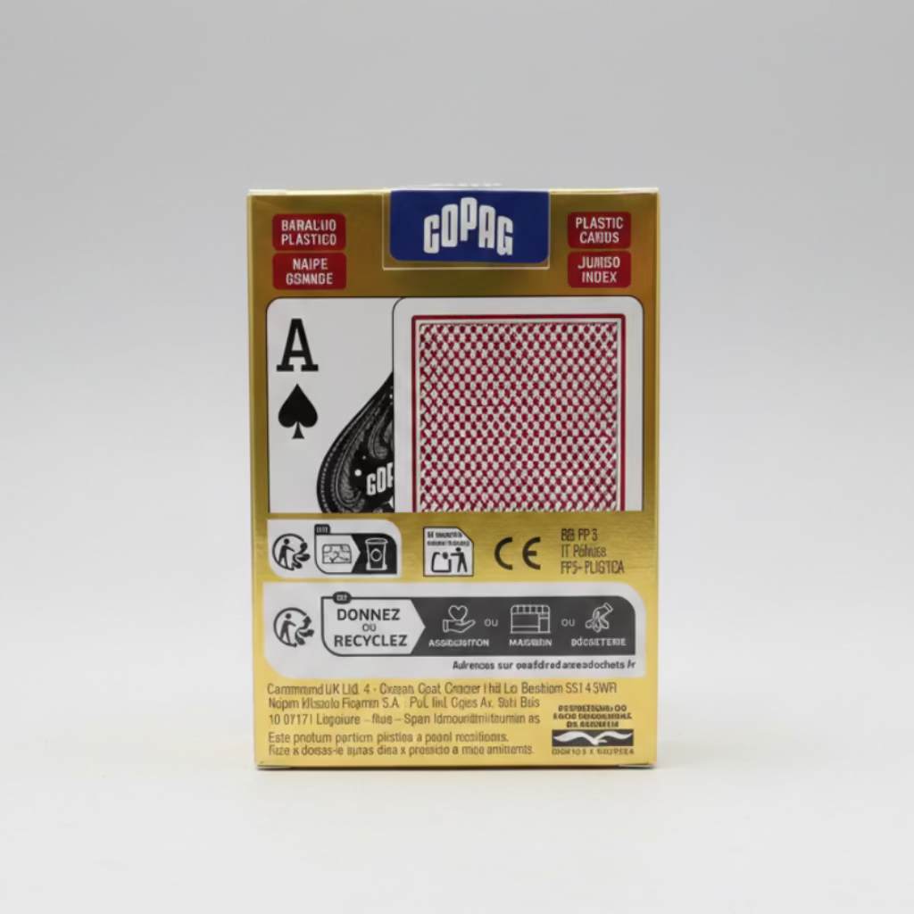 Back of Copag Texas Hold’em red plastic playing-card package with card back preview