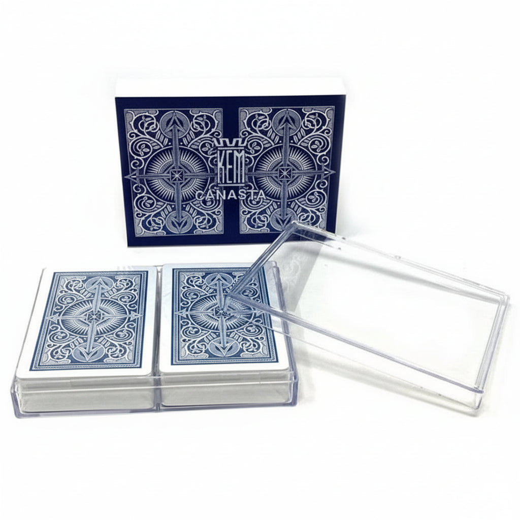 Blue KEM playing cards with a transparent card holder on a white background