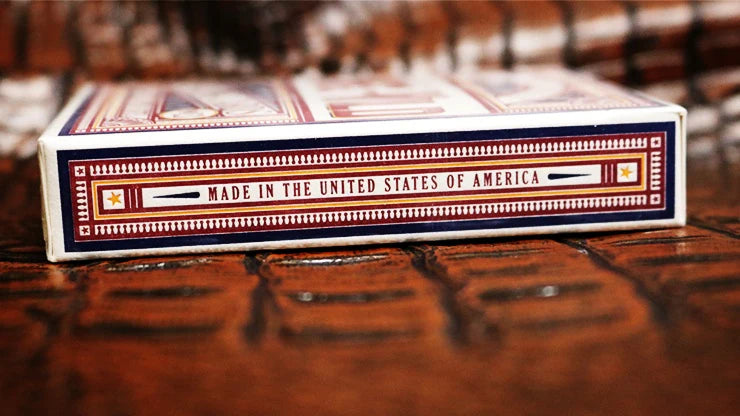 Playing card box with 'Made in the United States of America' text on a wooden surface