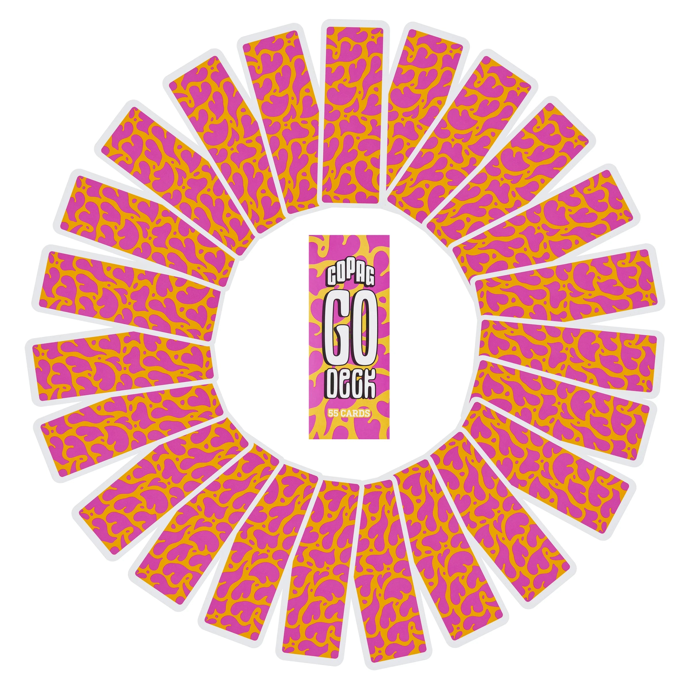Circular arrangement of pink and orange patterned cards with Copag Go Deck – branding.