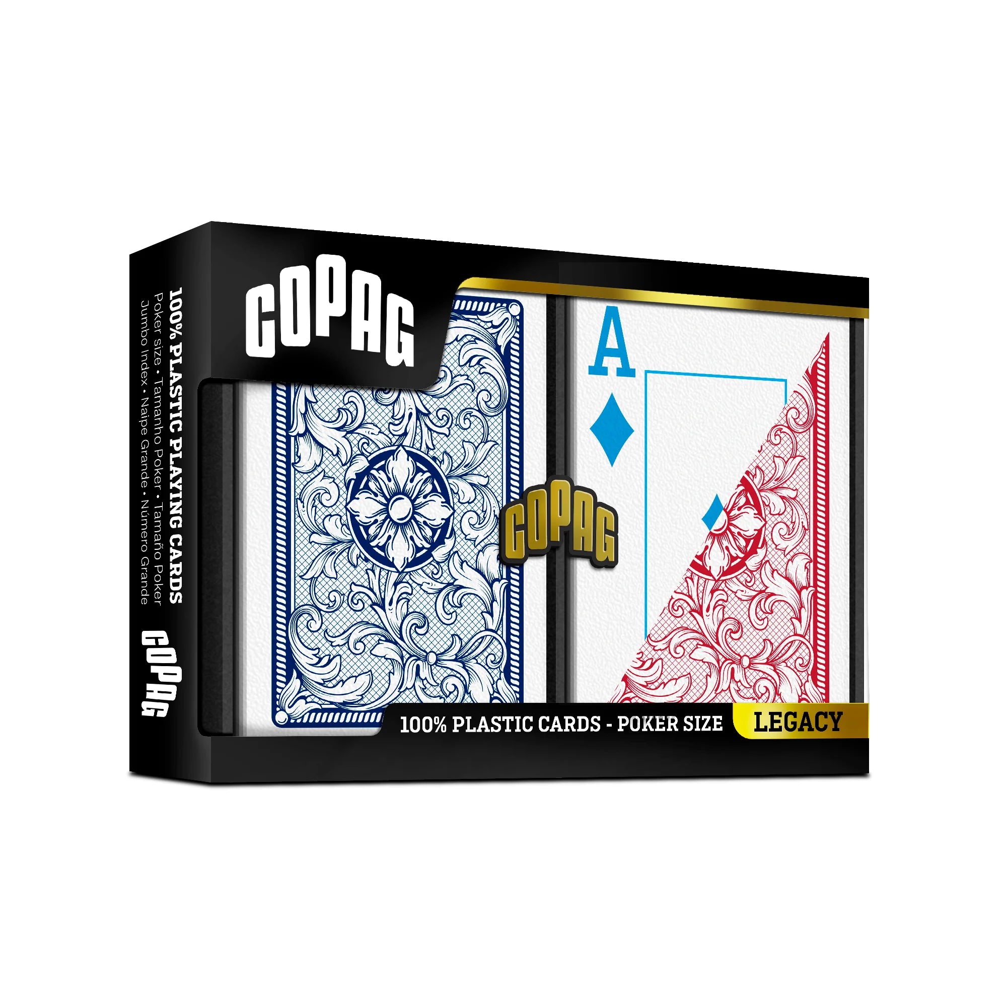 Box of  Copag Legacy 4-Color Poker Size Jumbo Index Playing Cards with two cards displayed on a white background
