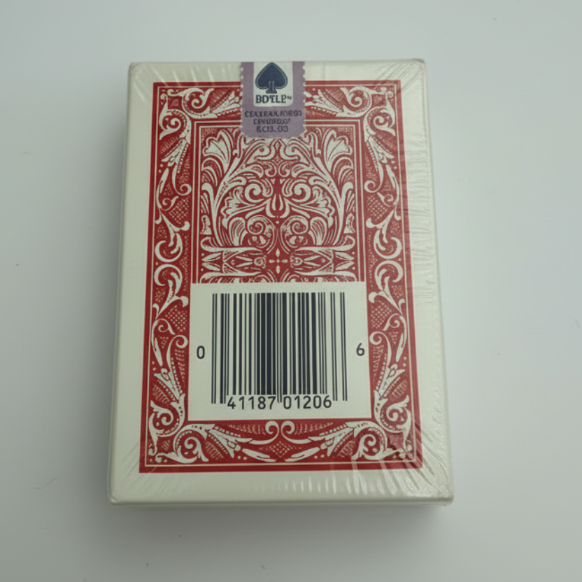 Red and white Maverick playing card box with a barcode on a white background