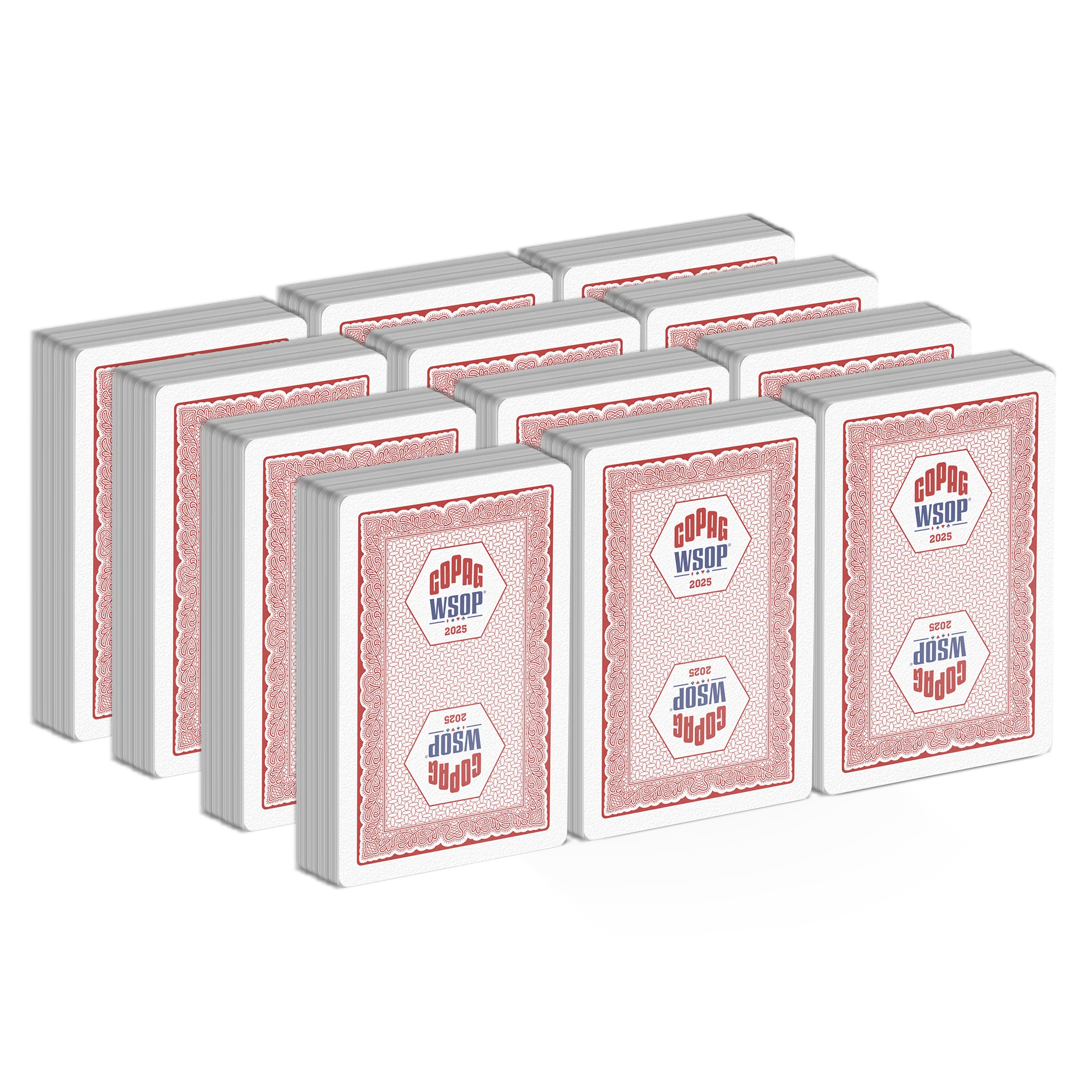 Copag WSOP 2025 red brick of 12 bridge-size regular-index 100% plastic playing cards