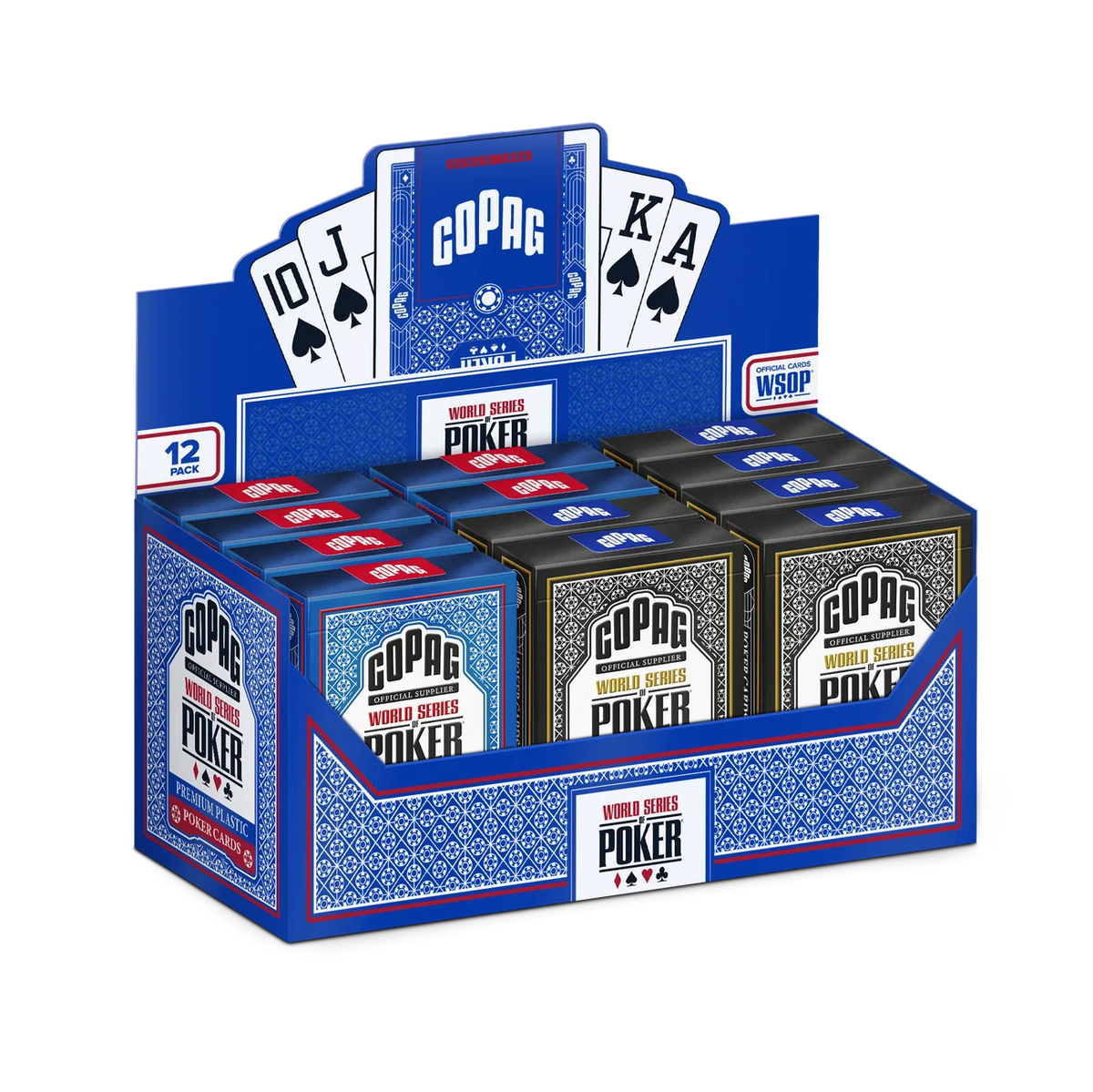 Copag WSOP Core 12-deck brick box front with spade card artwork and a label indicating six decks of blue color and six of black color.