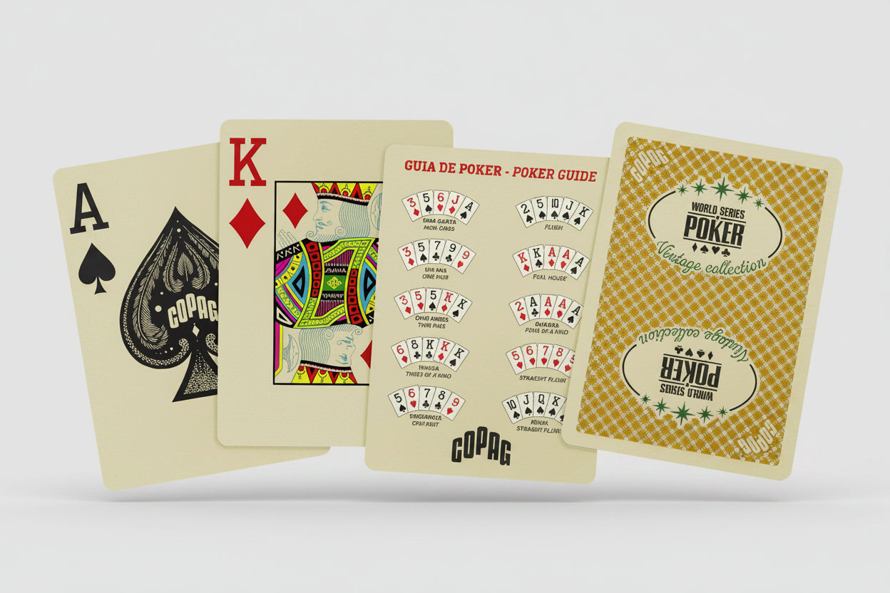 Copag WSOP Vintage Collection cards showing ace of spades, king of diamonds, poker guide card, and gold card back