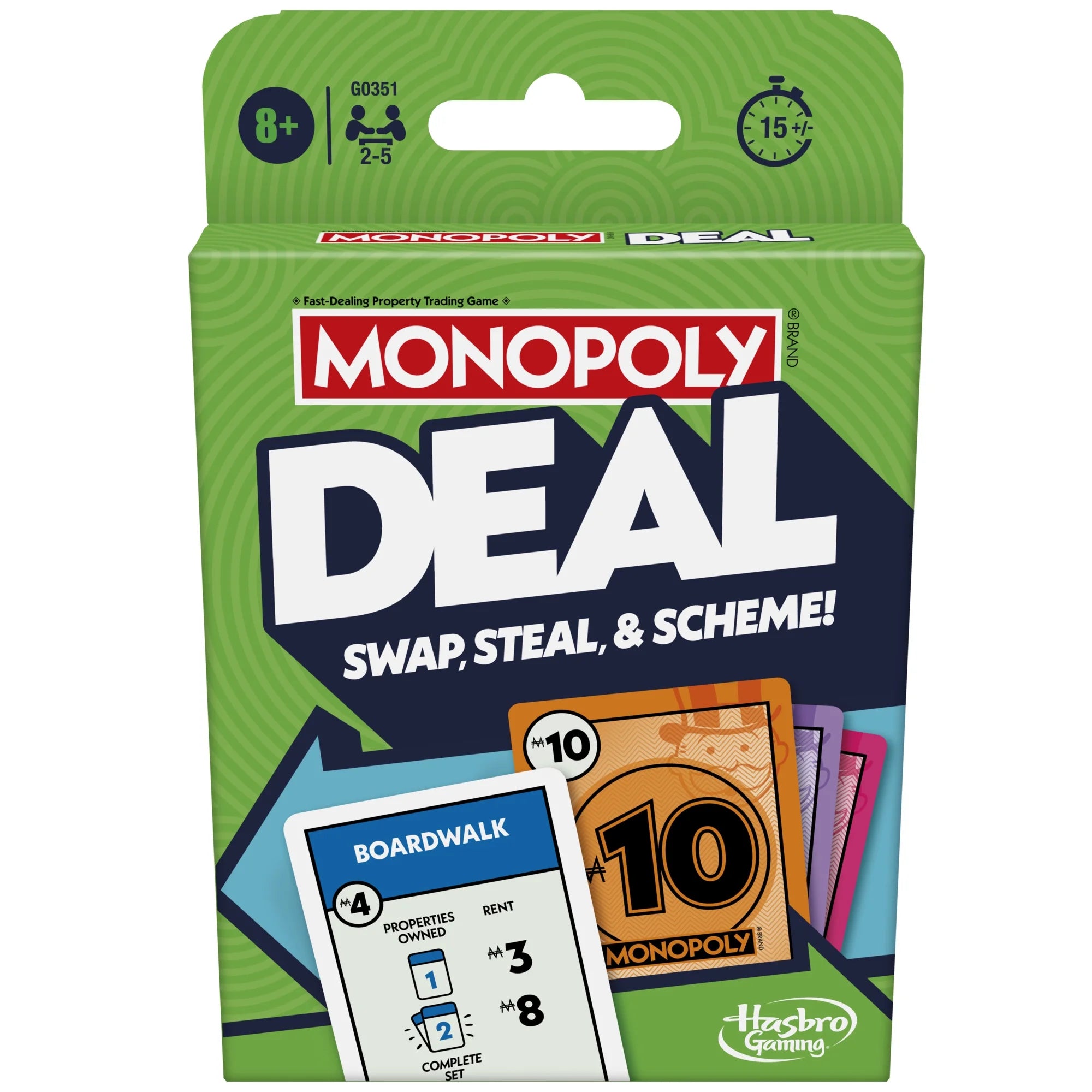Monopoly Deal card game packaging with green background and colorful cards.