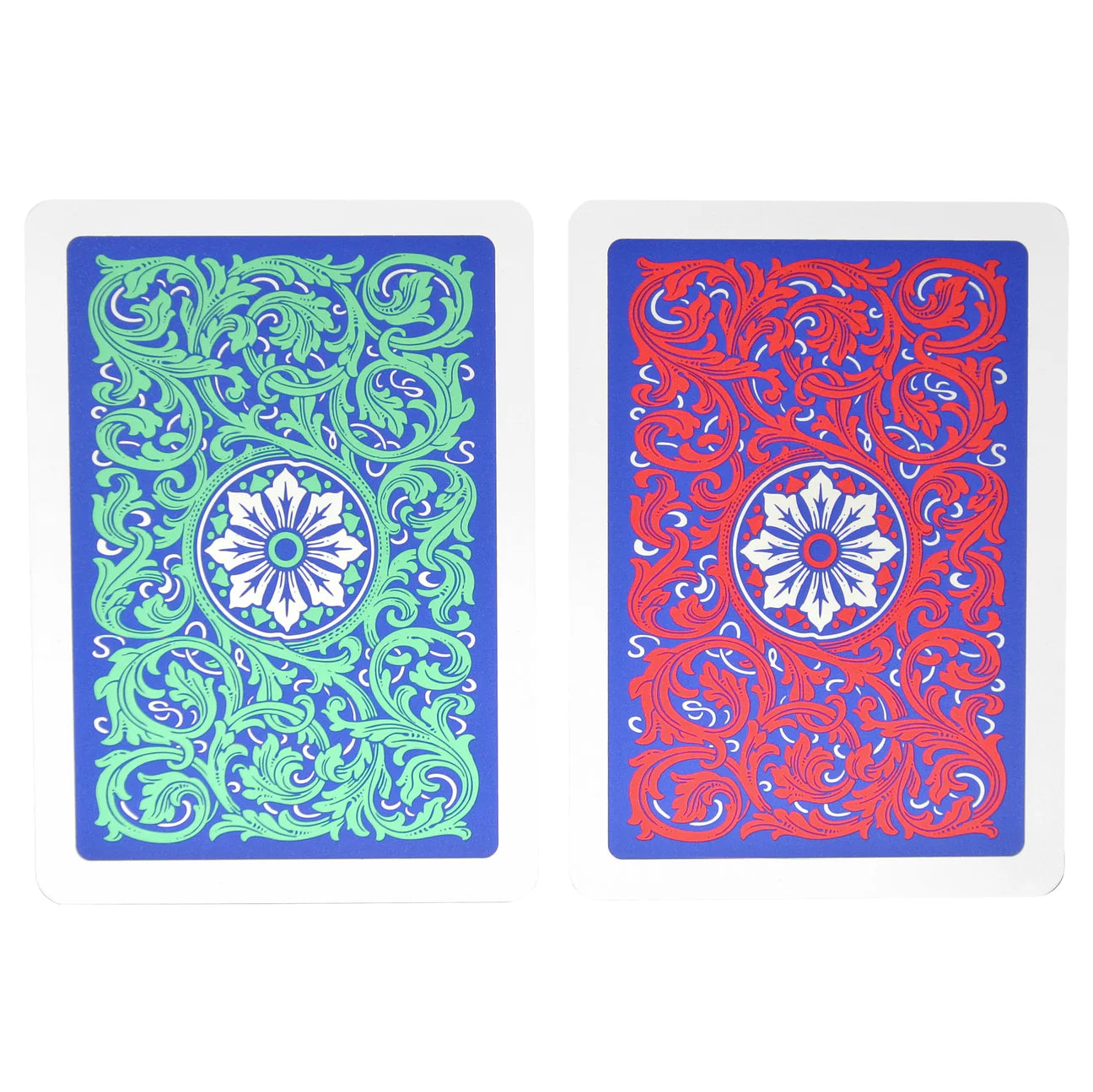 Two playing cards with intricate designs on a white background
