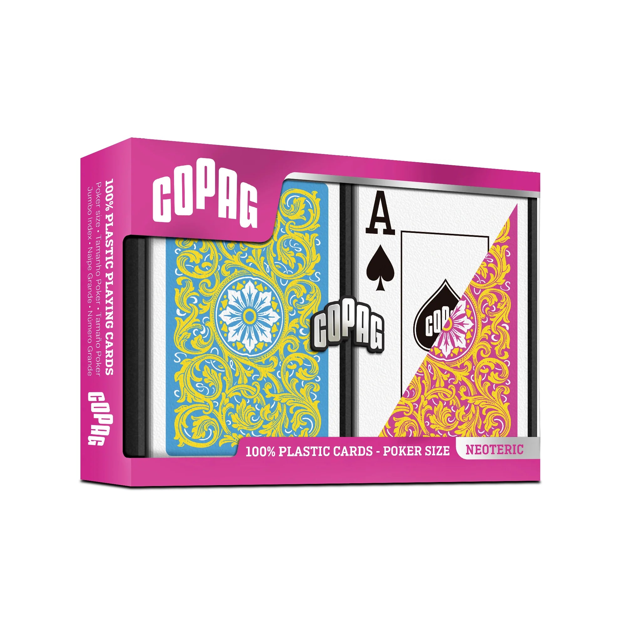 Copag Neoteric Poker Size Jumbo Index (Pink & Yellow)  playing cards in a pink box with card designs visible