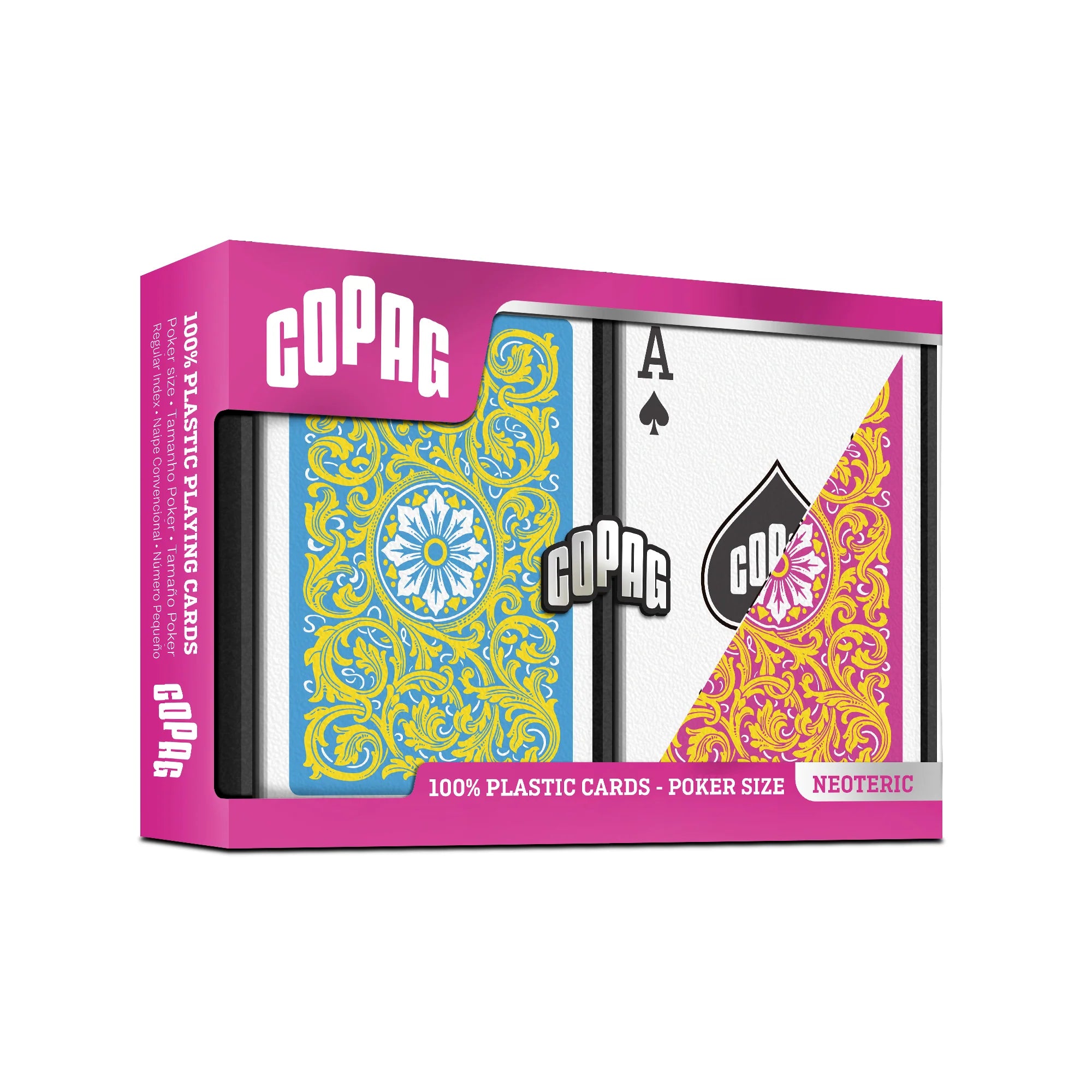 Copag Neoteric Poker Size Regular Index (Pink & Yellow) playing cards in a pink box with card designs visible