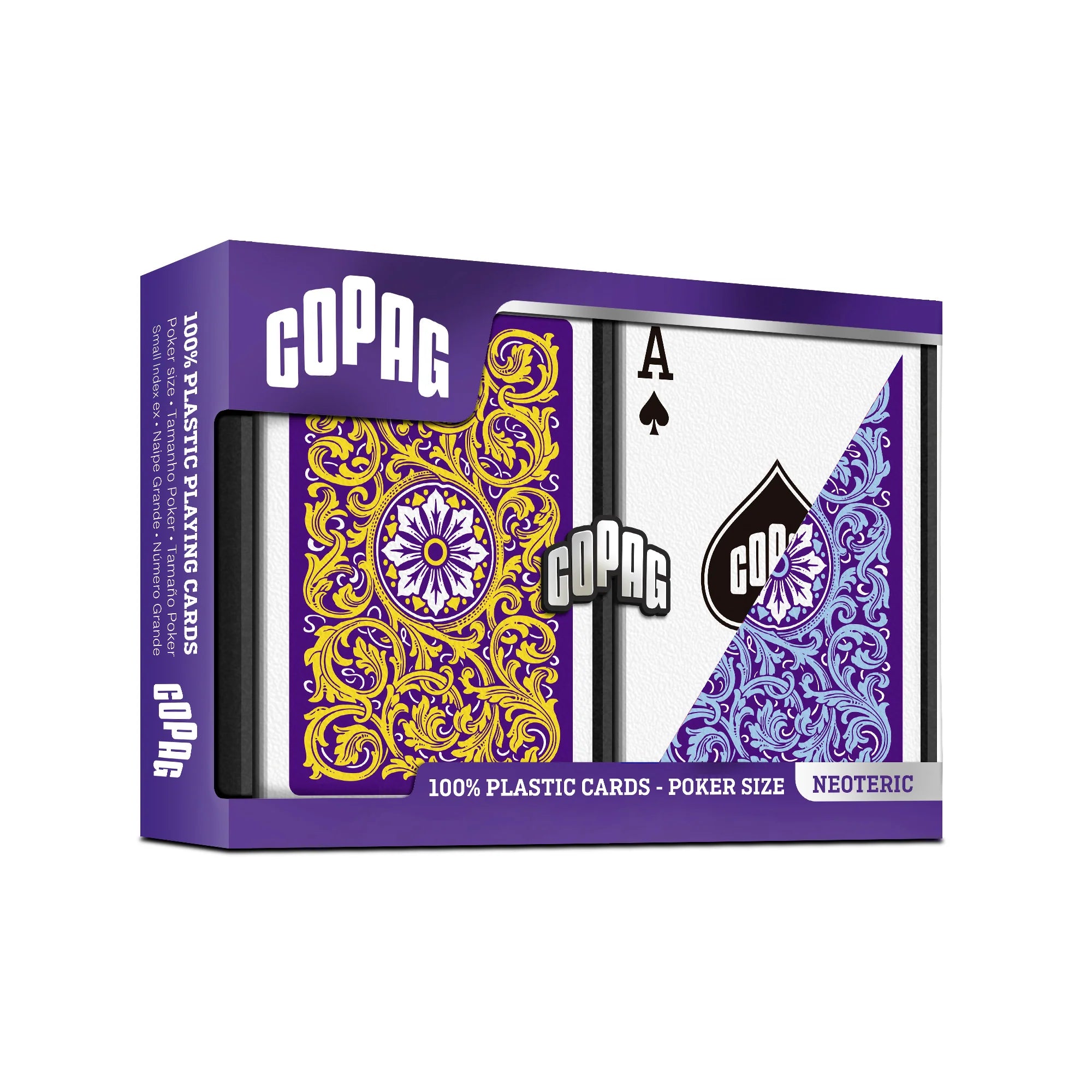 Purple Copag Neoteric Poker Size Regular Index (Blue & Yellow) box with a card showing an ace of spades.