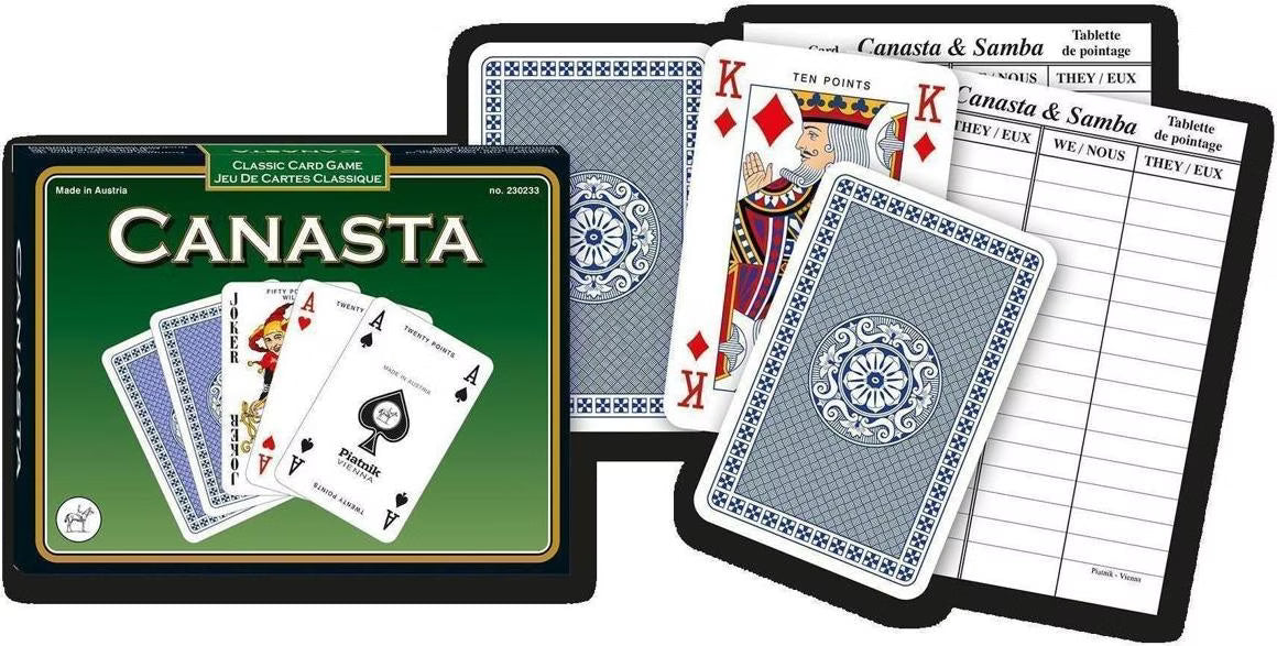 Piatnik Canasta card game box with two blue‑back decks, king of diamonds, and Canasta & Samba score sheets.