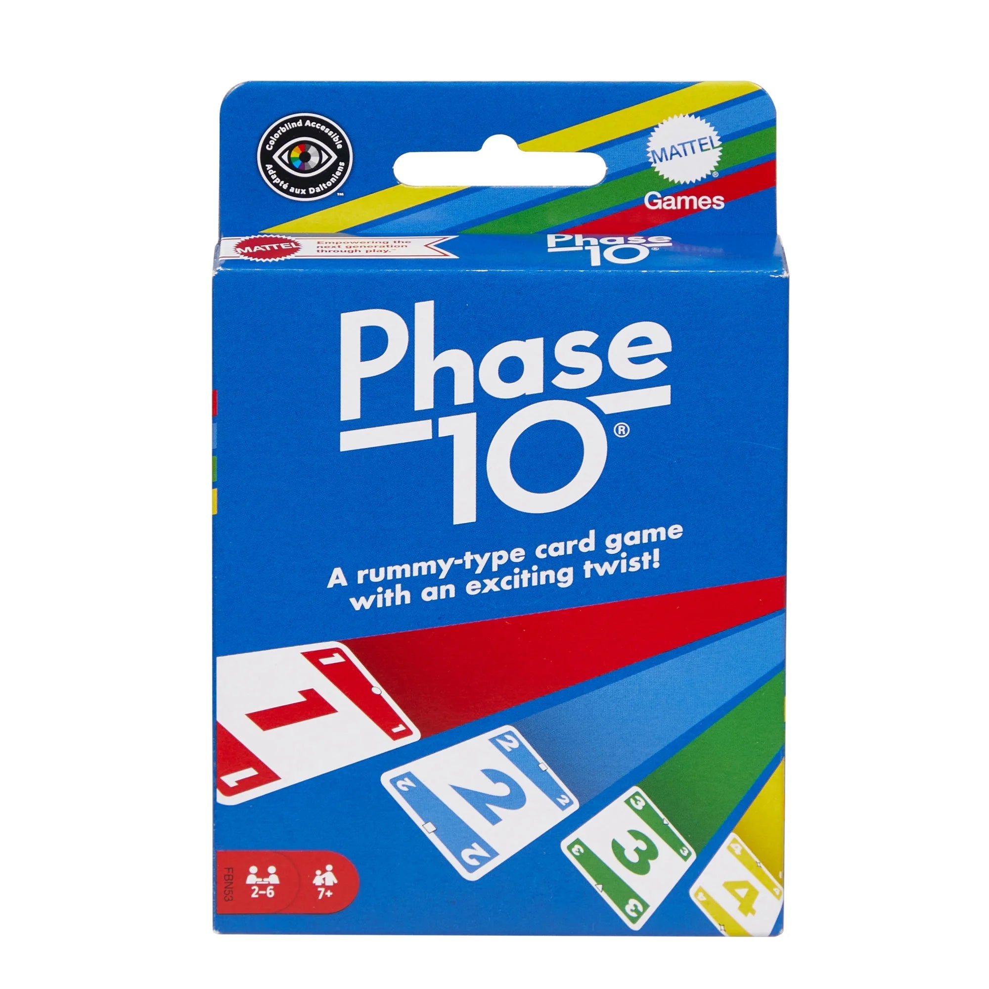 Phase 10 card game packaging with blue and red design on a white background