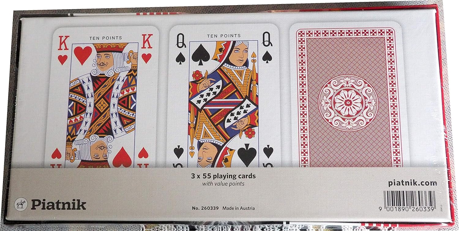 Back of Piatnik Samba Canasta packaging showing two value‑point face cards and red patterned back with barcode.