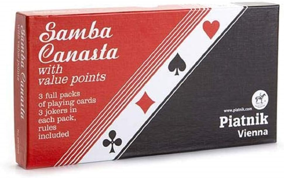 Piatnik Samba Canasta box in red, white, and black with suit symbols and ‘with value points’ text.
