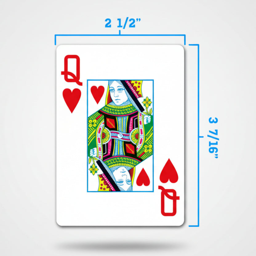 Playing card with Queen of Hearts design and measurements on a white background