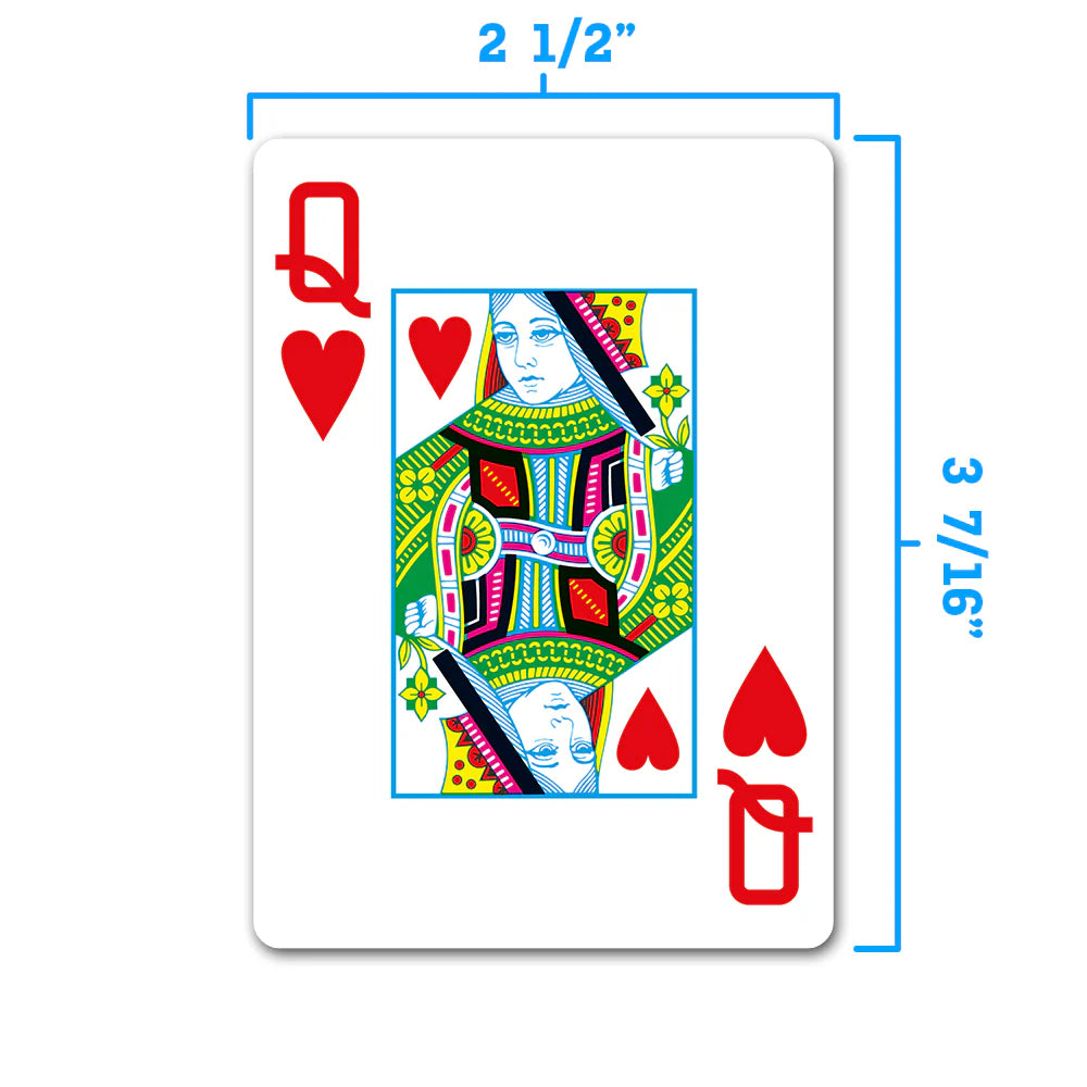 Playing card with Queen of Hearts design and measurements on a white background