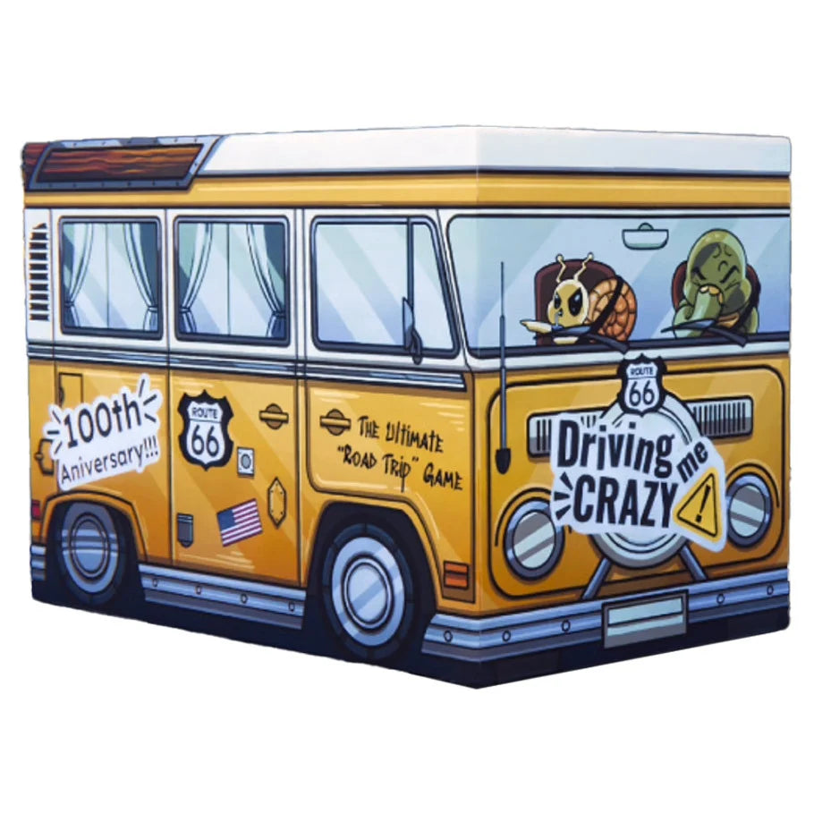 Yellow van-shaped box with road trip-themed graphics on a white background for Driving Me Crazy: Route 66 100th Anniversary Card Game