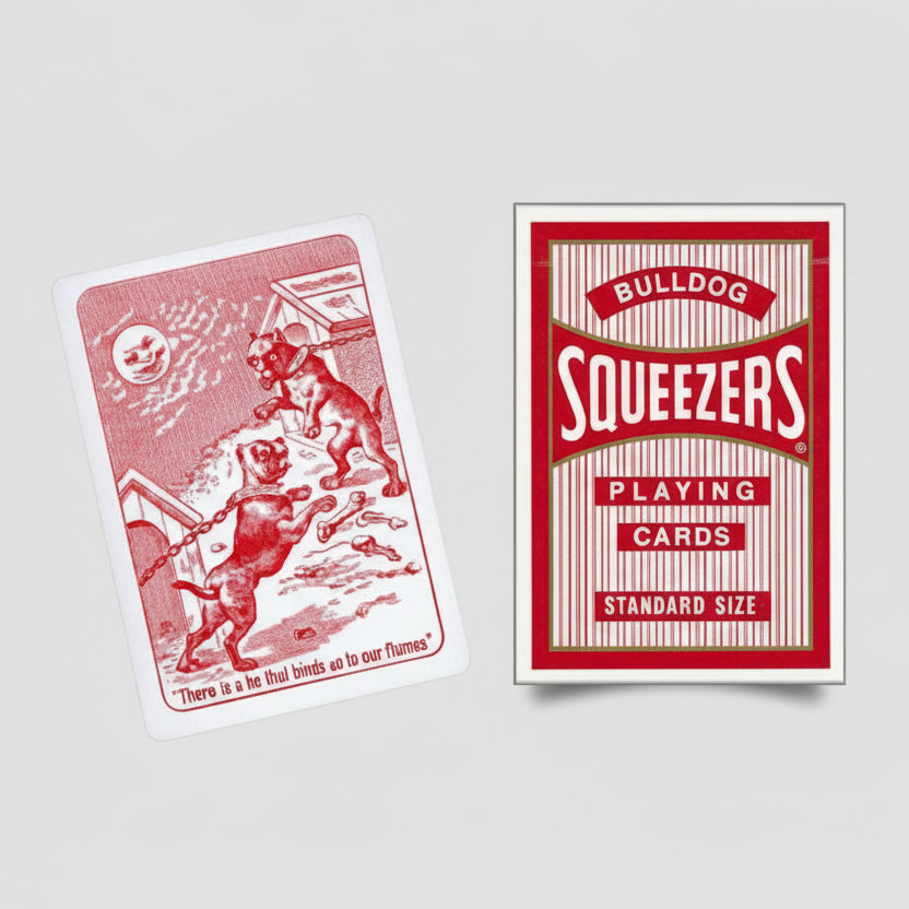 Two playing card designs, one with a red border and the other with a white border, featuring different artwork.