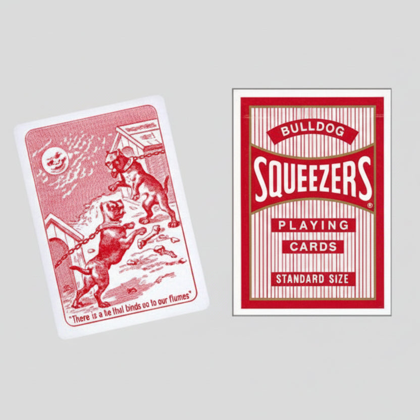 Two playing card designs, one with a red border and the other with a white border, featuring different artwork.