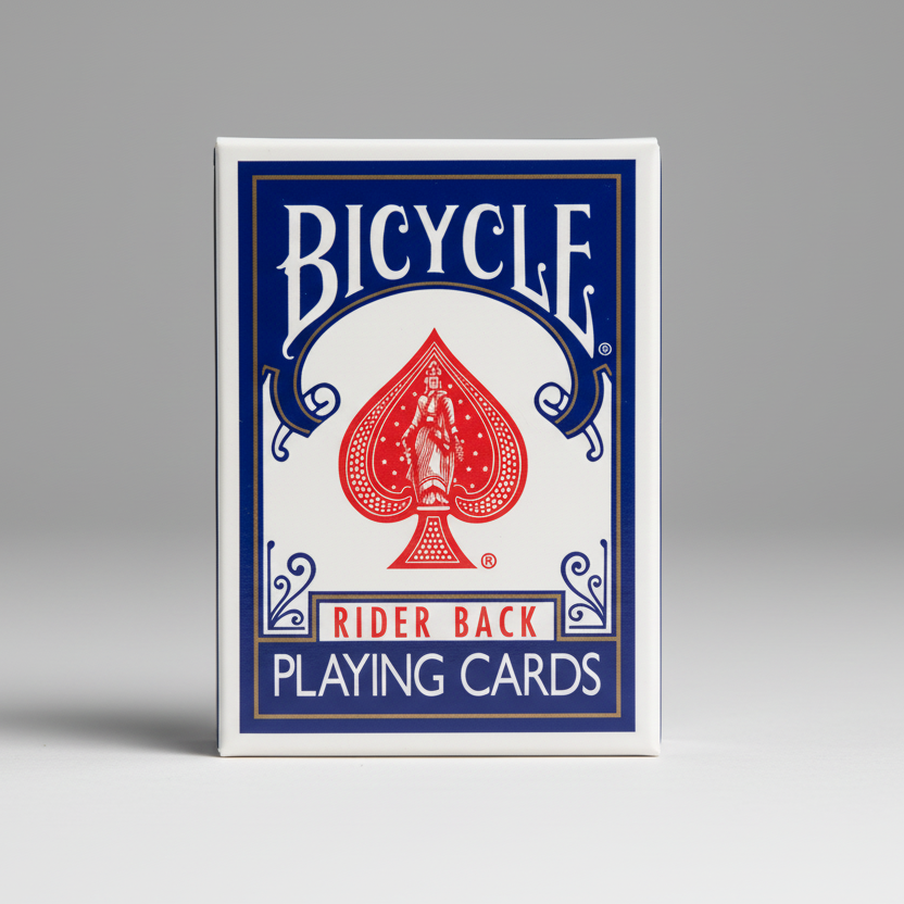 Bicycle playing cards with red and blue design on a white background