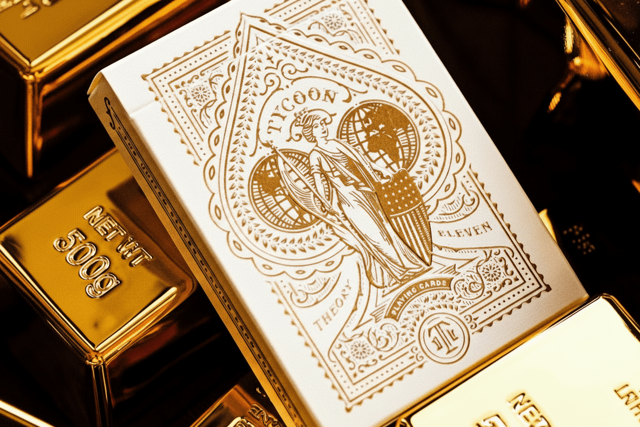 Ivory Theory11 Tycoon 25th Anniversary tuck box with gold Lady Liberty spade design resting on gold bars.