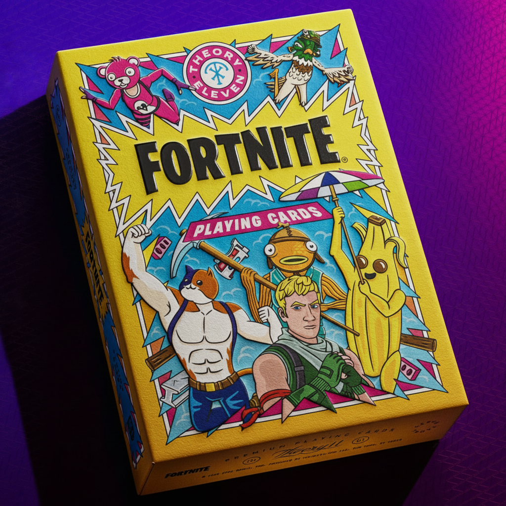 Theory11 Fortnite Playing Cards front tuck box with Peely, Fishstick, and Fortnite artwork