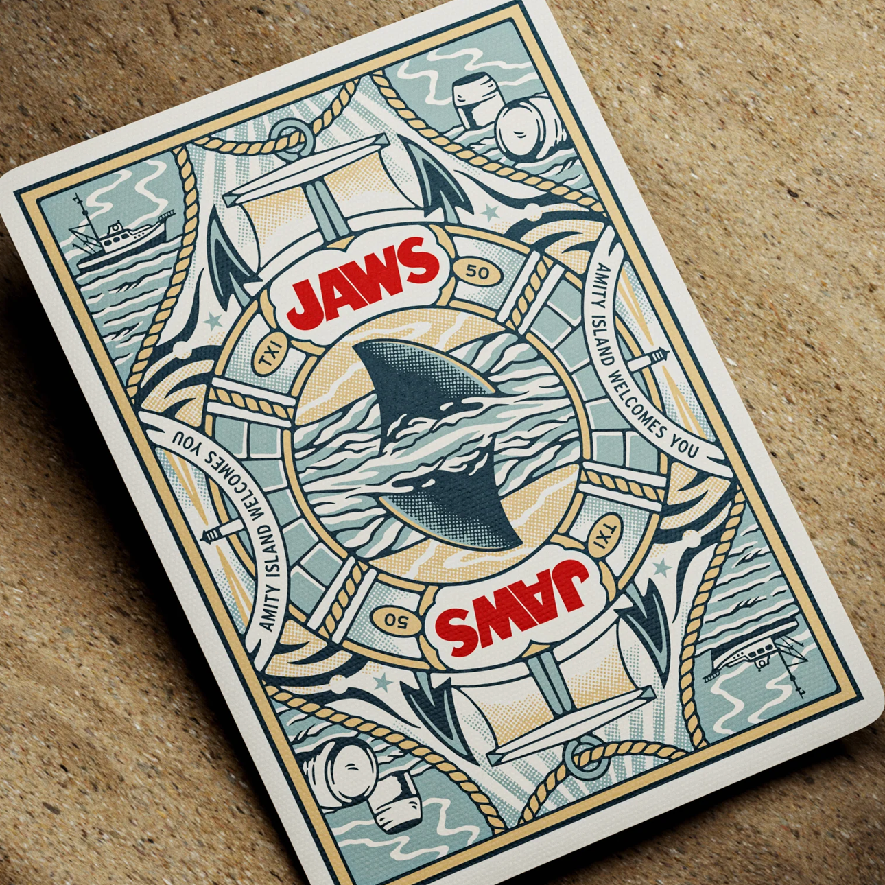 Theory11 JAWS custom card back with Amity Island life ring and shark fin