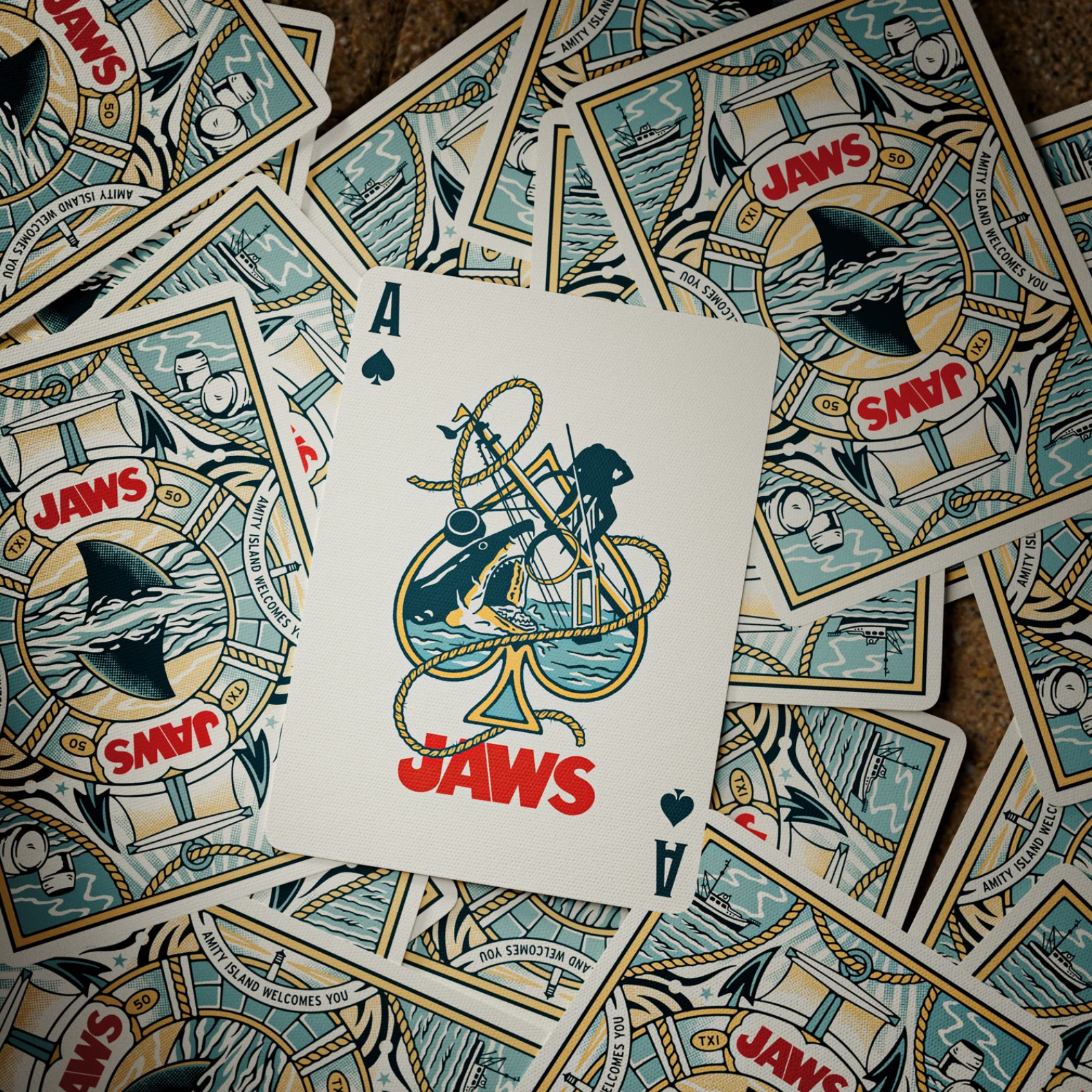 Theory11 JAWS ace of spades surrounded by custom JAWS card backs