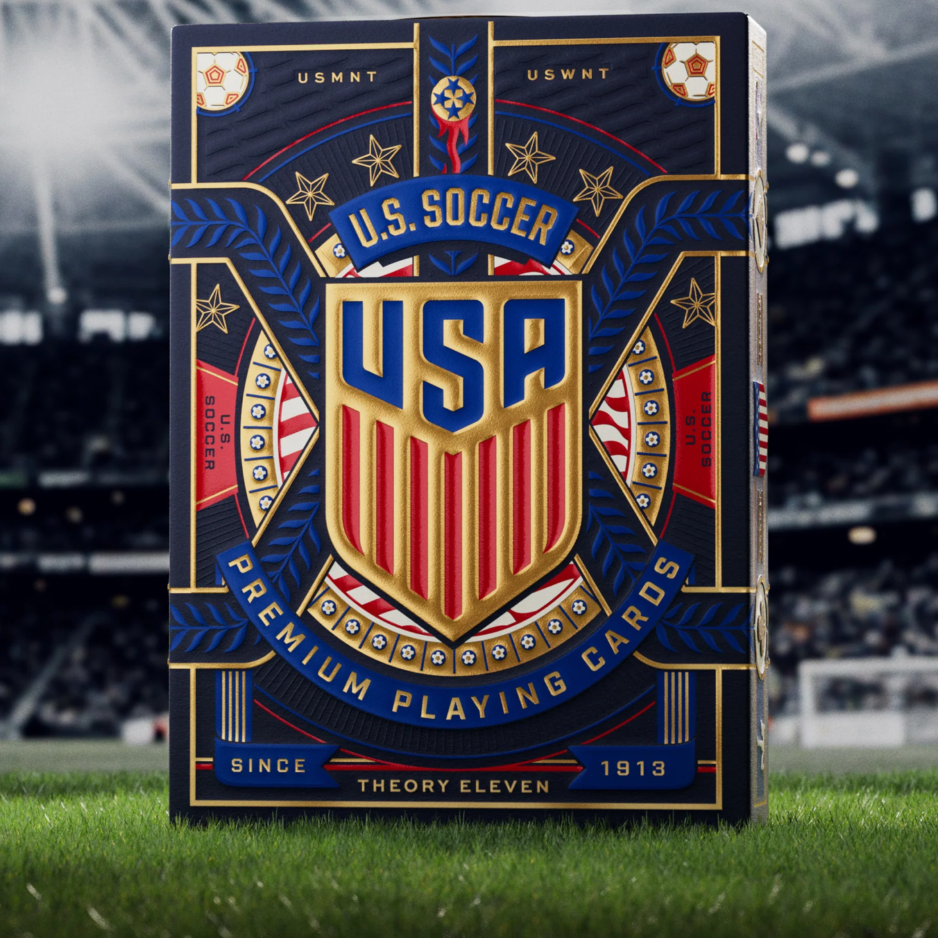 US Soccer premium playing cards packaging on a sports field background
