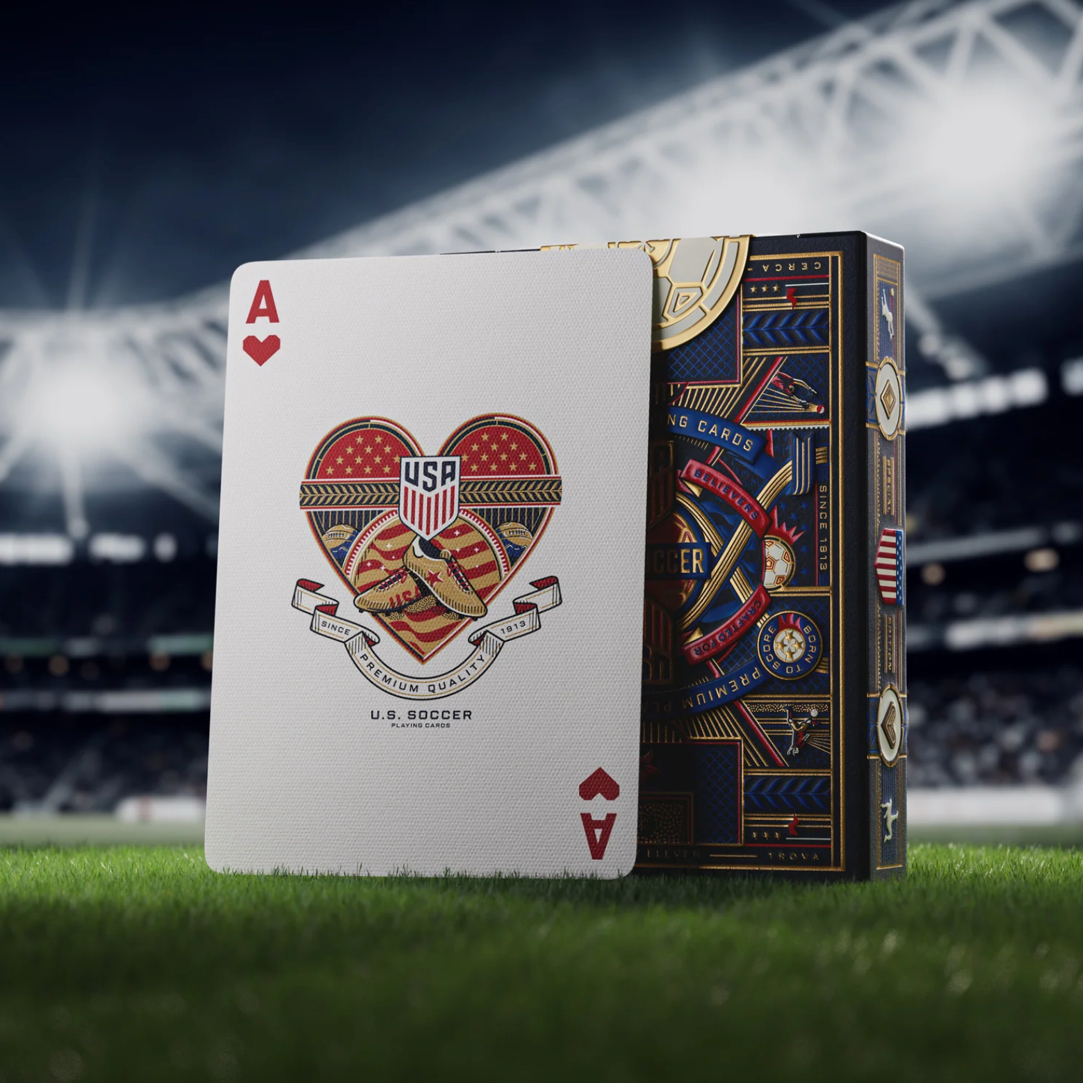 Theory11 U.S. Soccer deck and custom Ace of Hearts on soccer field