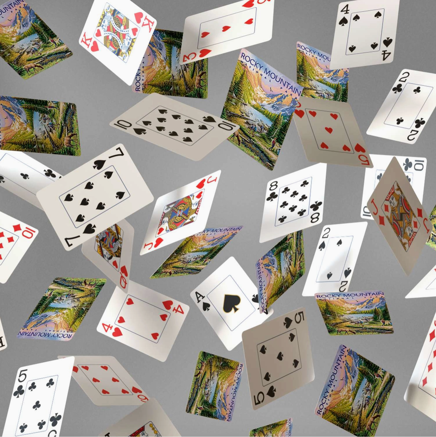 Rocky Mountain scenic-back and jumbo-index playing cards in motion