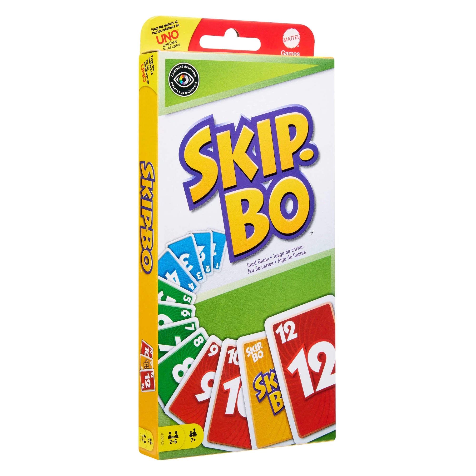 Skip Bo card game packaging with colorful design on a white background