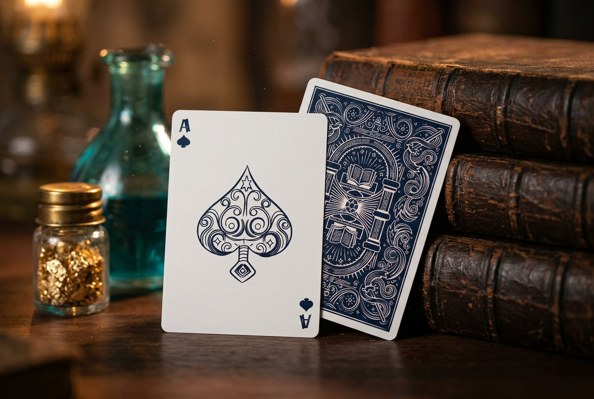 Two playing cards, one with a blue ace of spades design and the other with a detailed back design, on a wooden surface.