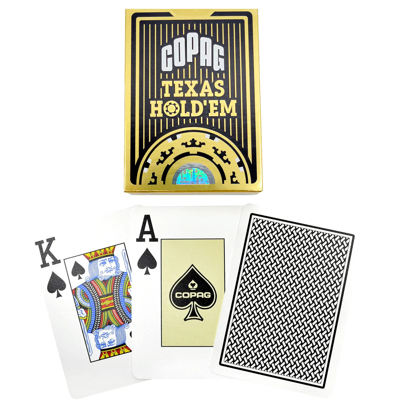 Copag Texas Hold'em playing cards with a deck, card face, and back view on a white background.