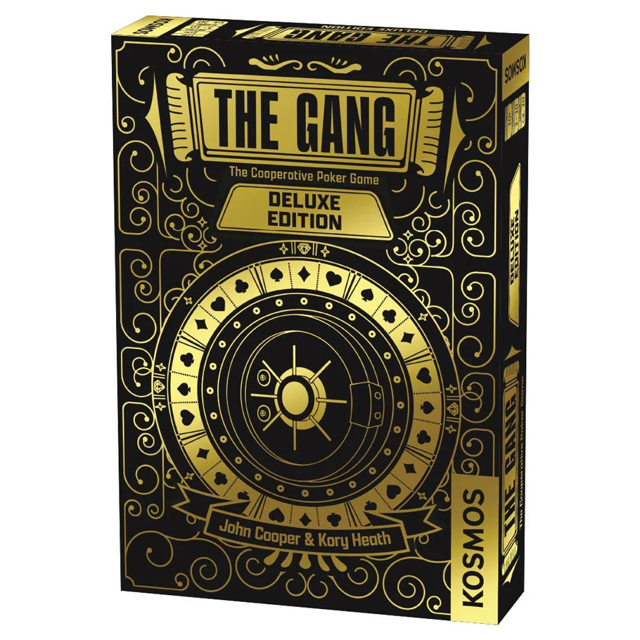 Box of The Gang Deluxe Edition cooperative poker game with decorative gold text and design on a black background.